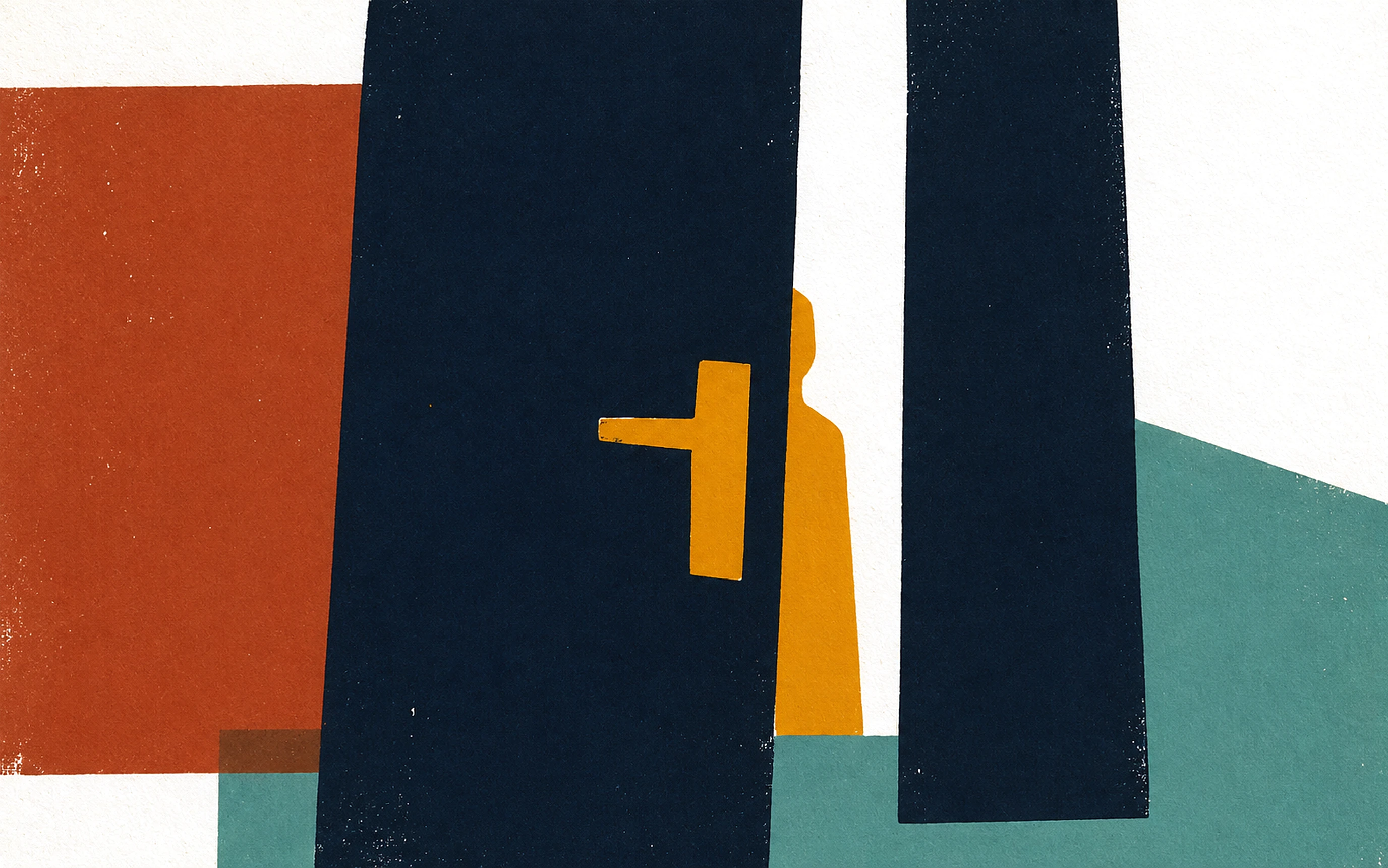 Screen-printed plate: a gold figure reaching for a door handle between two tall navy panels, on terra and teal blocks.