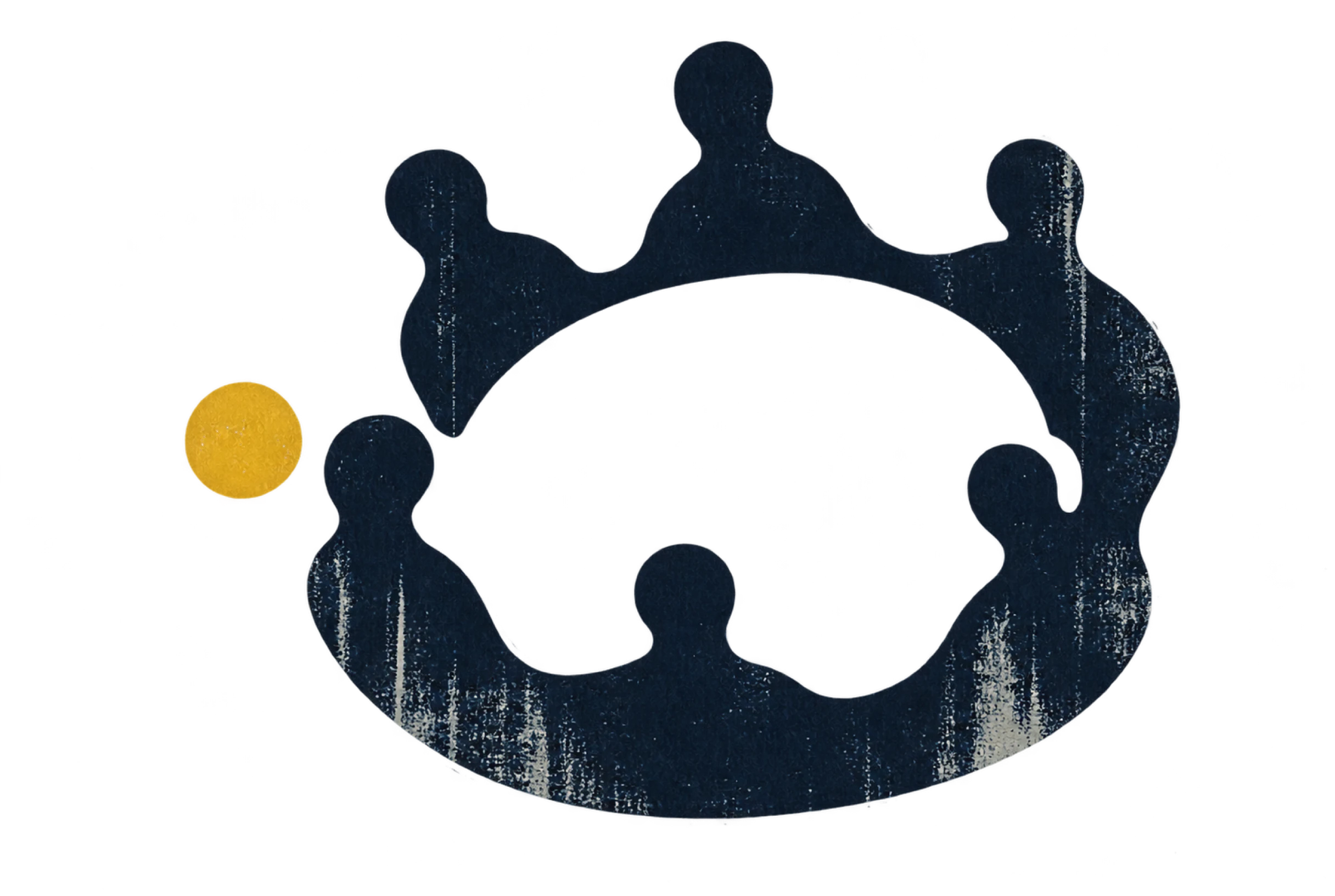 Screen-printed plate: a ring of navy figures with worn ink, and one gold dot standing outside the ring.