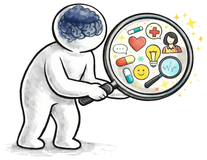 Illustrated researcher with a magnifying glass